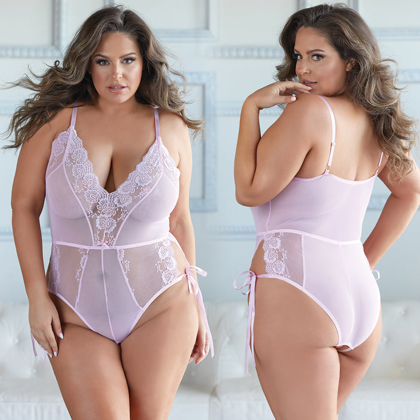 Allure Lace and Mesh Tie Up Romper-Pink 1X/2X-Boxed - rr7vz0-aa.myshopify.com