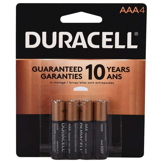 Duracell Batteries AAA (4pk) offers long-lasting power with their alkaline design. This 4-pack of AAA batteries is compact, weighing only 1.70 ounces with dimensions of 0.50W x 4.50H x 4.00L inches. Ideal for everyday devices requiring reliable energy.