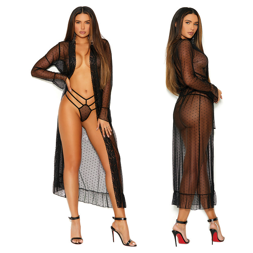 Elegant Moments Long Sleeve Dotted Mesh Robe & Panty-Black 3X-Hanging - rr7vz0-aa.myshopify.com