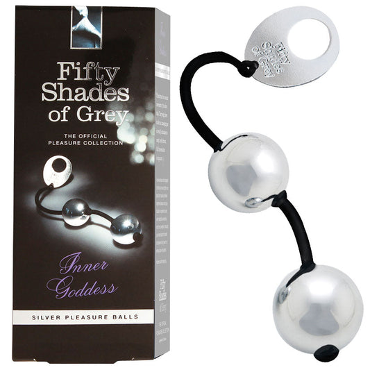 Fifty Shades of Grey Inner Goddess Metal Ben Wa Balls offer advanced kegel toning with a combined weight of 7.8oz for maximum vaginal strengthening. Made of smooth, solid metal, these pleasure balls provide thrilling sensations and a more intense workout..