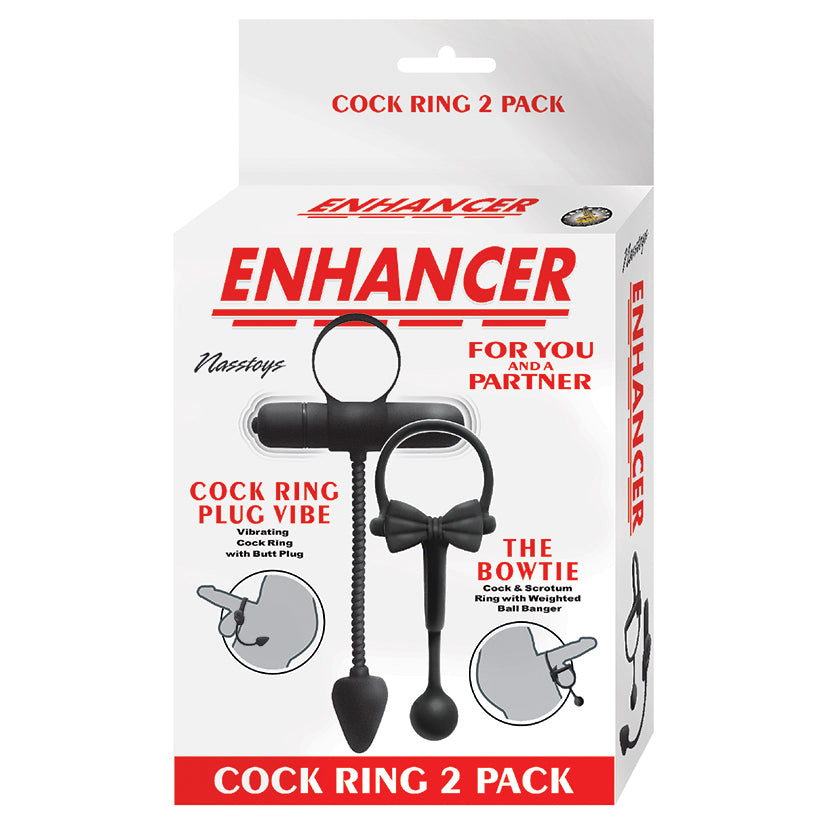 Introducing the Enhancer Cockring 2-Pack in Black. Made from premium silicone, these stretchy cockrings enhance pleasure and prolong performance. With textured surfaces for added stimulation, they offer a comfortable and secure fit. Perfect for solo or p..